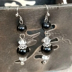 Artisan Glossy Black Glass Pearl Clear Crystal Silver Plated Dangle Earrings